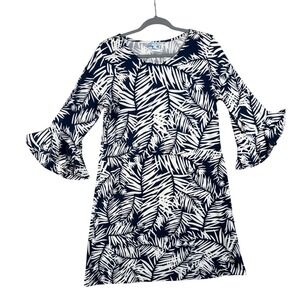 Escapada Living Women's L Navy White Palm Print 3/4 Bell Sleeve‎ Dress
